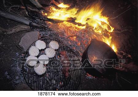 Bread And Kangaroo Meat Cooking On A Campfire, Close Up View Large Photo Image Picture - Bread And Kangaroo Meat Cooking On A Campfire, Close Up. Fotosearch