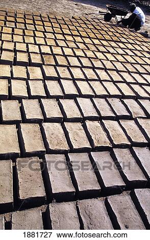 Stock Photo - Brick Maker Putting Bricks Out In The Sun To Dry. Fotosearch