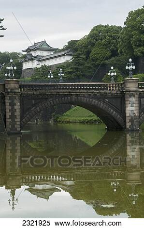 Stock Photography - Bridge crossing river reflected in tranquil water; Tokyo, Japan. Fotosearch