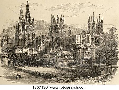 Stock Image - Bridge, Gateway And Cathedral Of Burgos, Spain. From The Book Spanish Pictures By The Rev Samuel Manning, Published 1870.. Fotosearch