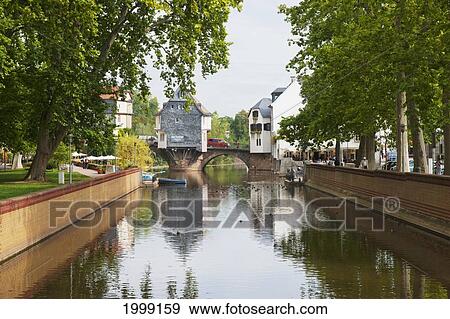 Stock Photo - Bridge Houses Built On The Pillars Of The Old Nahe Bridge; Bad Kreuznach Rhineland-Palatinate Germany. Fotosearch