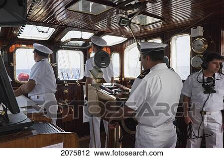 Stock Image - Bridge Of The Four-Mast Barquentine, Chilean Navy Training Ship Esmeralda In Hanga Roa Harbour, Rapa Nui (Easter Island), Chile. Fotosearch