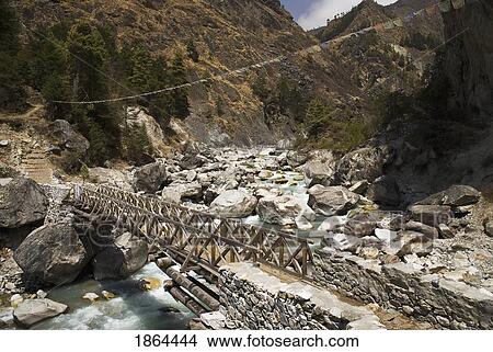 Picture - Bridge Over The Dudh Kosi River; Dudh Kosi River, Nepal. Fotosearch