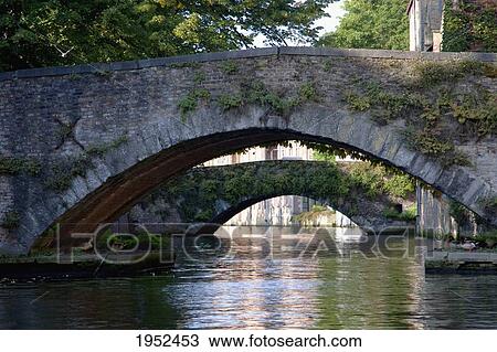Stock Image - Bridges Over A Canal, Bruges (Brugge), West Flanders, Belgium. Fotosearch