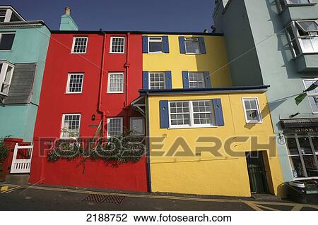 Stock Image - Bright colourful residential buildings; Kingswear, Devon, England. Fotosearch