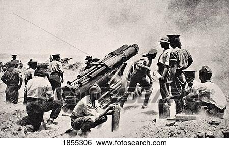 Stock Photograph - British Battery At Work On Gallipoli Peninsula Turkey From The War Illustrated Album Deluxe Published London 1916. Fotosearch