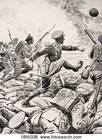 Stock Photograph - British Officer Kicks Football Towards German Lines To Inspire His Platoon To Charge With Him From The War Illustrated Album Deluxe Published London 1916. Fotosearch