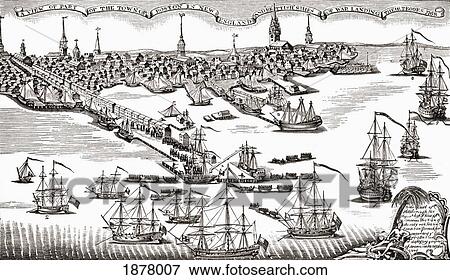 Stock Photo - British Ships Of War Landing Their Troops In Boston, Massachusetts, United States Of America In 1768. From The Book Short History Of The English People By J. R. Green, Published London 1893. Fotosearch