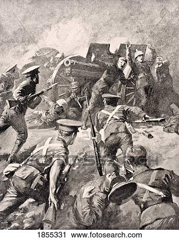 Stock Image - British Soldiers Bayonet Charge German Gunners From The War Illustrated Album Deluxe Published London 1916. Fotosearch