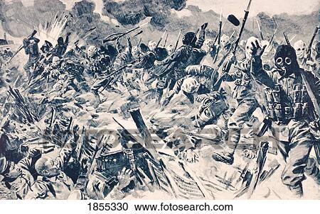 Stock Image - British Troops In Gas Masks Charge German Trenches At Loos France September 25 1915 From The War Illustrated Album Deluxe Published London 1916. Fotosearch