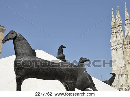 Stock Image - Bronze Horses, Installation, Courtyard Of Palazzo Reale, ( Royal Palace ), Milan, Italy. Fotosearch