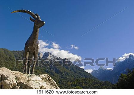 Stock Image - Bronze Statue Of Chamois Zlatorog, Jasna Lake, Kranjska Gora, Gorenjska, Slovenia. Fotosearch