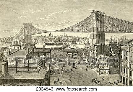 Stock Image - Brooklyn Bridge, New York, United States Of America In The 19Th Century. From El Museo Popular Published Madrid, 1887. Fotosearch