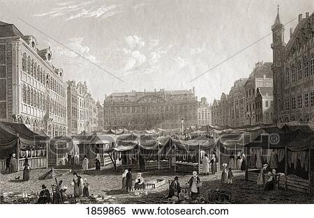 Stock Photography - Brussels, The Grande Place. From The Original Painting By Lt. Col. Batty F. R. S. From The Book ÃƒÂ¢Ã¢â€šÂ¬Ã…â€œSelect Views Of Some Of The Principal Cities Of EuropeÃƒÂ¢Ã¢â€šÂ¬Ã‚Â Published London 1832. Engraved By?. Fotosearch