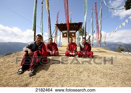 Picture - Buddhist Monastery And Prayer Flags, Above The Paro Valley, Bhutan. Fotosearch