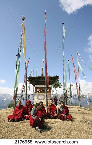 Stock Photo - Buddhist Monastery And Prayer Flags, Above The Paro Valley, Bhutan. Fotosearch