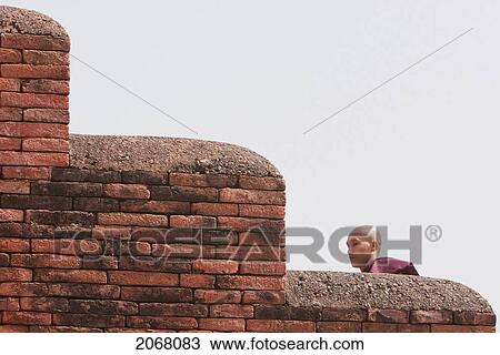 Stock Image - Buddhist Monk On Monastery No. 1, Nalanda, Bihar, India. Fotosearch