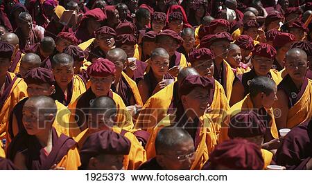 Stock Image - Buddhist Monks And Nuns Of Drukpa Lineage At Shey Monastery, Nubra Valley, Leh Ladakh, India, 800 Year Old Birthday Celebration. Fotosearch