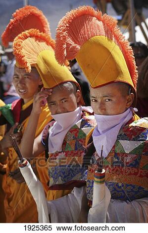 Stock Photography - Buddhist Nuns/Monks In Ceremonial Robes, Ladakh, India. Fotosearch