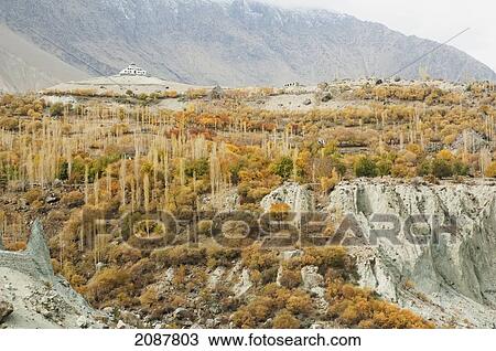 Stock Image - Building And Fields On A Promontory In The Indus River Gorge, Skardu, Northern Areas, Pakistan. Fotosearch