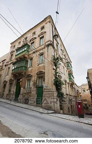 Stock Image - Building With Enclosed Balconies, Valletta, Malta. Fotosearch