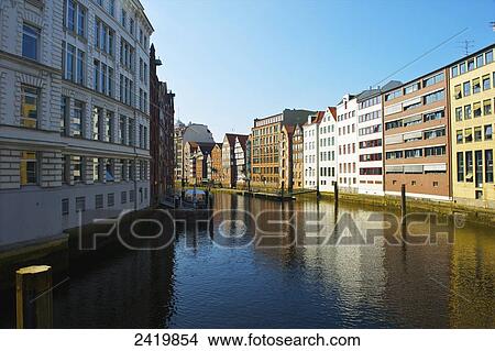Picture - Buildings along a canal; Hamburg, Germany. Fotosearch