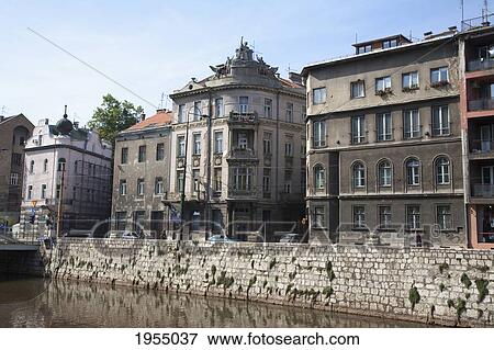 Buildings Along The Miljacka River, Sarajevo, Bosnia And Herzegovina View Large Photo Image Stock Photo - Buildings Along The Miljacka River, Sarajevo, Bosnia And Herzegovina. Fotosearch