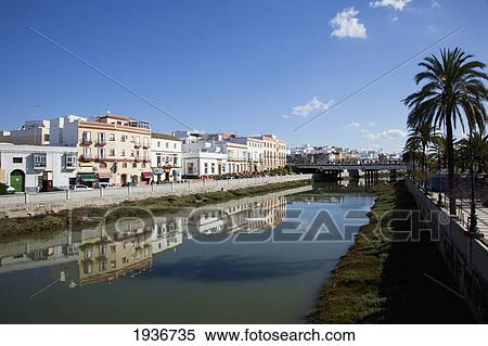 Stock Photography - Buildings Along The River; Chiclana De La Frontera Andalusia Spain. Fotosearch