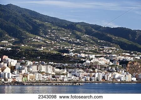 Stock Photo - Buildings Along The Waterfront And On Mountain Slopes; Las Palma, Gran Canaria, Spain. Fotosearch