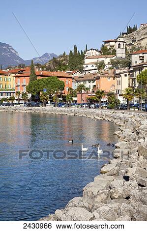 Stock Photograph - Buildings and cars along the waterfront on Lake Garda; Malcesine, Verona, Italy. Fotosearch