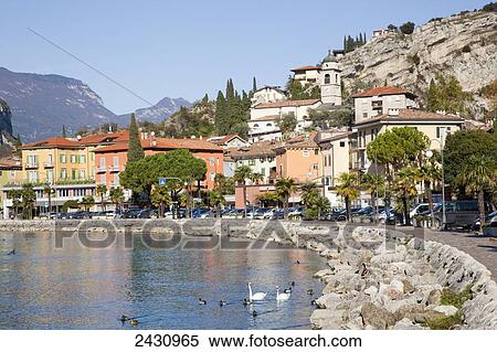 Stock Photography - Buildings and cars along the waterfront on Lake Garda; Malcesine, Verona, Italy. Fotosearch