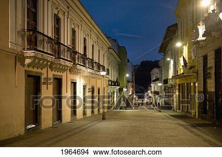 Picture - Buildings Illuminated At Night Along A Street In The Historic Centre; Quito Equador. Fotosearch