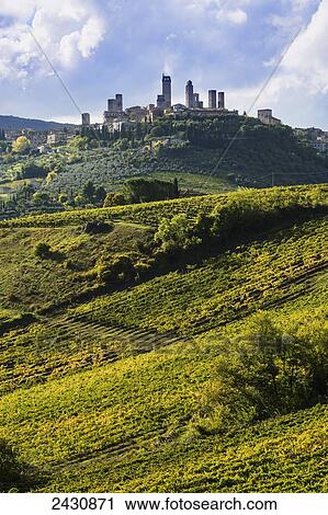 Buildings on a hilltop surrounded by farmland; San Gimignano, Tuscany, Italy View Large Photo Image Stock Image - Buildings on a hilltop surrounded by farmland; San Gimignano, Tuscany, Italy. Fotosearch