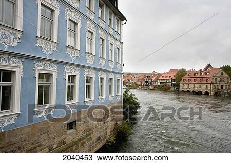 Stock Image - Buildings On The Banks Of The Southern Arm Of The Regnitz River, Bamberg, Bavaria, Germany. Fotosearch
