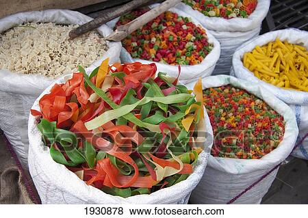 Stock Photo - Bulk food items in sacks for sale at the market; Bhavnagar, Gujarat, India. Fotosearch