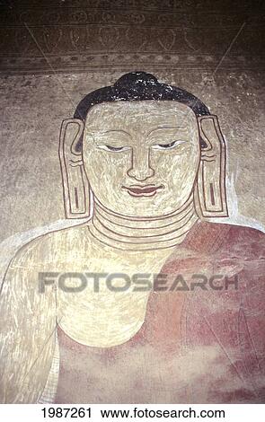 Stock Image - Burma (Myanmar), Bagan, Sulamani Temple Interior, Painted Frescoe Of Buddha On Wall.. Fotosearch