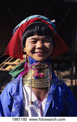 Burma (Myanmar), Inle Lake, Kaungdine Village, Smiling Padaung Tribal Woman Wearing Neck Rings. View Large Photo Image Stock Image - Burma (Myanmar), Inle Lake, Kaungdine Village, Smiling Padaung Tribal Woman Wearing Neck Rings.. Fotosearch