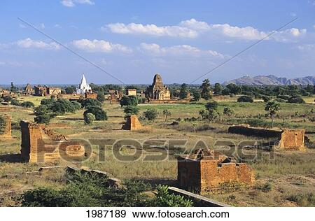 Stock Photo - Burma (Myanmar), Old Bagan, Overhead View Of Temples And Ruins Scattered Across Landscape.. Fotosearch