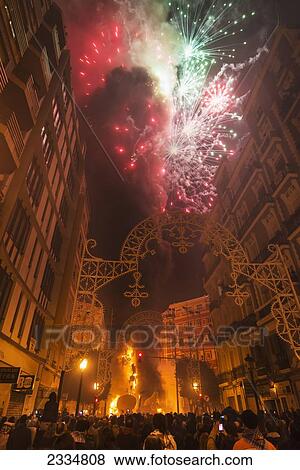 Stock Photo - Burning Falla And Fireworks On Fallas Festival; Valencia, Spain. Fotosearch