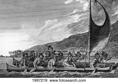 Stock Photo - C. 1779 John Webber, Black And White Drawing, Canoe With Masked Paddlers, Mountains And Palms Background. Fotosearch