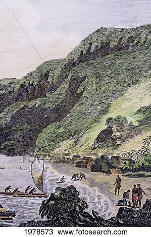 Stock Image - C. 1784, Colored Engraving, Hawaii, Coastal View Of Karakooa In Owyhee.. Fotosearch