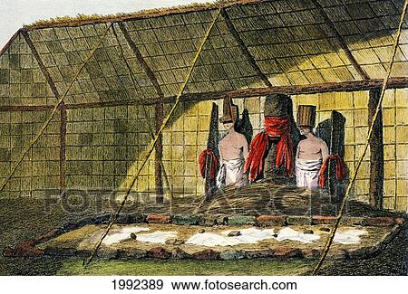 Stock Photo - C. 1784 Hawaii, Kauai, Close-Up Of Interior Of A Morai On Atooi (Kauai), John Webber, Color. Fotosearch