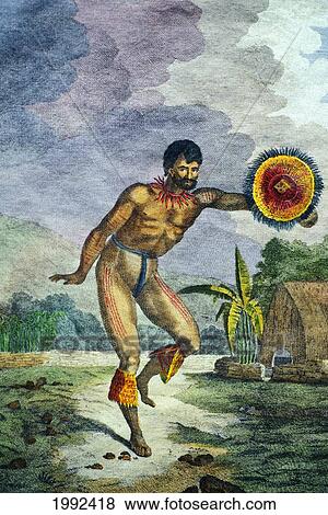 Stock Photo - C. 1785 Art/Illustration, Man Of The Sandwich Islands Dancing With Uliuli. Fotosearch
