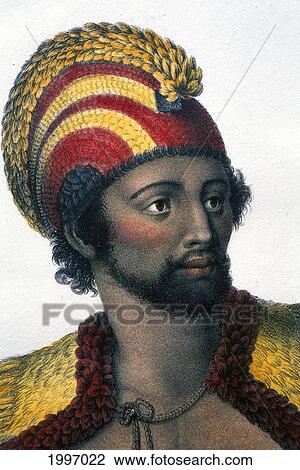 Stock Image - C. 1800 Portrait Of Man Of The Sandwich Islands, After John Webber, Color. Fotosearch