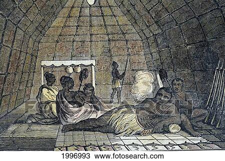 Stock Image - C. 1816 Louis Choris, Interior Of Chief's House With Native Hawaiians Fanning Him. Fotosearch