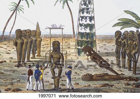 Stock Image - C. 1819 Ki'i A Heiau, Jacques Arago, View Of Explorers Looking Over Native Statues. Fotosearch