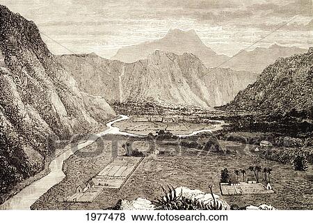 Stock Photo - C. 1826 Lithograph, William Ellis C., Big Island. Waipio Valley, Ahupua'a.. Fotosearch