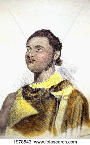 Stock Image - C. 1827, Illustration By Dumont D'urville, Hawaii, Bust Of Kuakini, Governor Of Hawaii.. Fotosearch