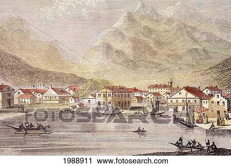 Stock Image - C. 1830, Hawaii, Honolulu, Art Book Illustration Of Honolulu Harbor.. Fotosearch