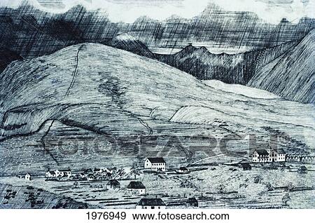 Stock Photo - C. 1835 Art/Illustration, Hawaii, Maui, Village Of Lahaina, Lahainaluna Seminary Press.. Fotosearch